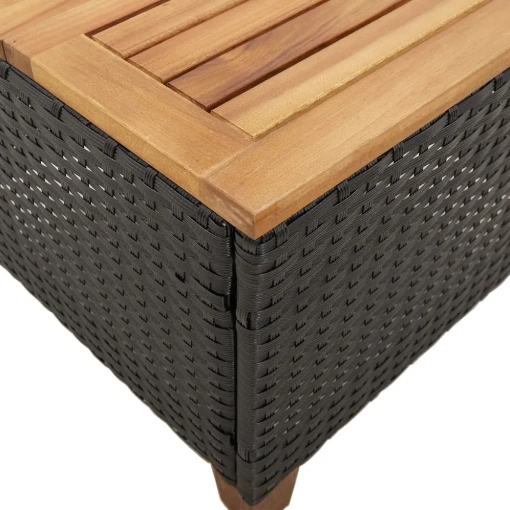 fekete polyrattan és akácfa kerti asztal 45 x 45 x 37 cm