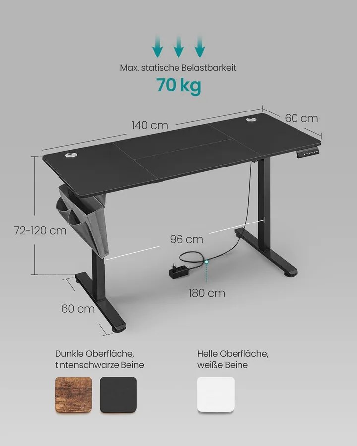 Elektromos, magasságban állítható íróasztal, 140 x 60 x (72-120) cm, fekete