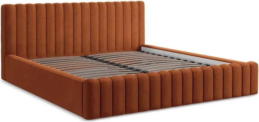 Terrakotta színű kárpitozott ágyneműtartós franciaágy ágyráccsal 180x200 cm Lemi – Makamii