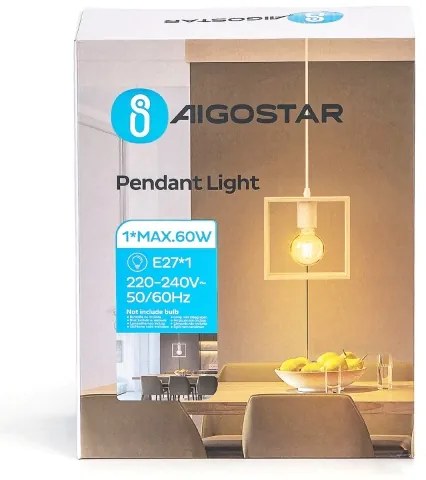 Aigostar - Fenyőfából készült, zsinóron lógó függeszték 1xE27/60W/230V