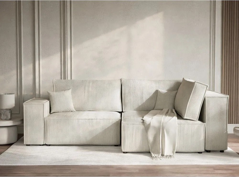 Krémszínű kordbársony kinyitható-tárolóhelyes sarokkanapé (jobb oldali-L alakú) Tonga – Maison de Rêve