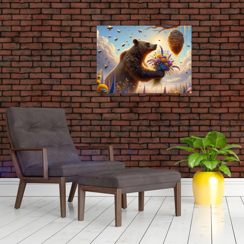 Üveg kép - Medve és méhek (70x50 cm)