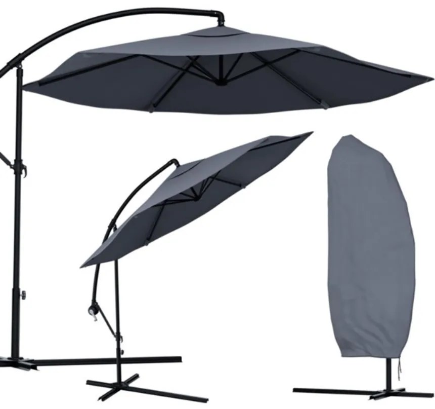 Függő Gémes Kitekerhető Napernyő, 3 m, szürke, takaróponyvával, 230g/m2