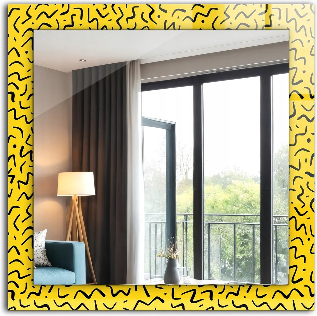 Négyzet alakú modern tükör gyönyörű grafikával Sárga absztrakt minta 60x60