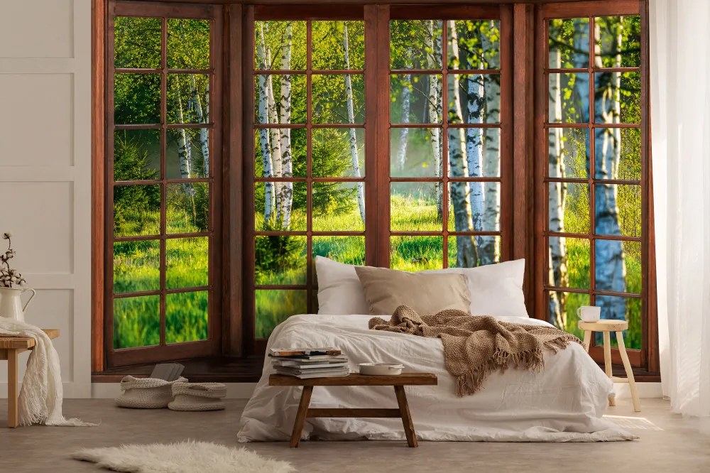 Ablakból kilátás erdőre poszter, fotótapéta, Vlies (350 x 250 cm)