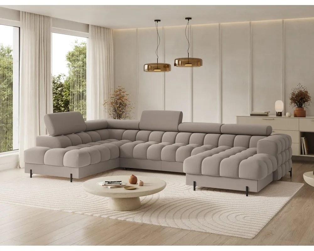 Világosbarna bársony kinyitható sarokkanapé (bal oldali-U alakú) Feraria – ELTAP