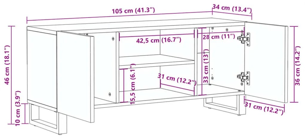 fehér tömör mangófa TV-szekrény 105 x 34 x 46 cm