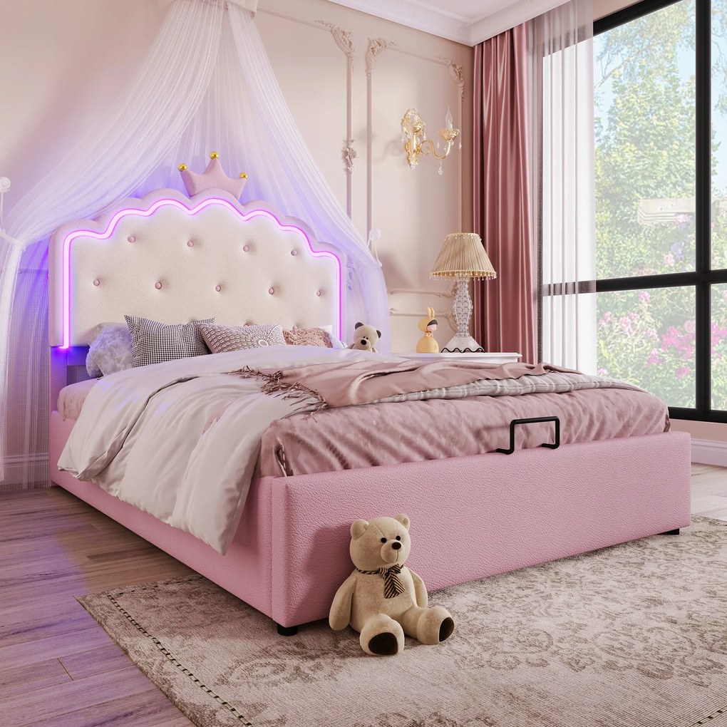 Kárpitozott ágy 140x200cm hercegnők Hidraulikus dupla Pu, rózsaszín