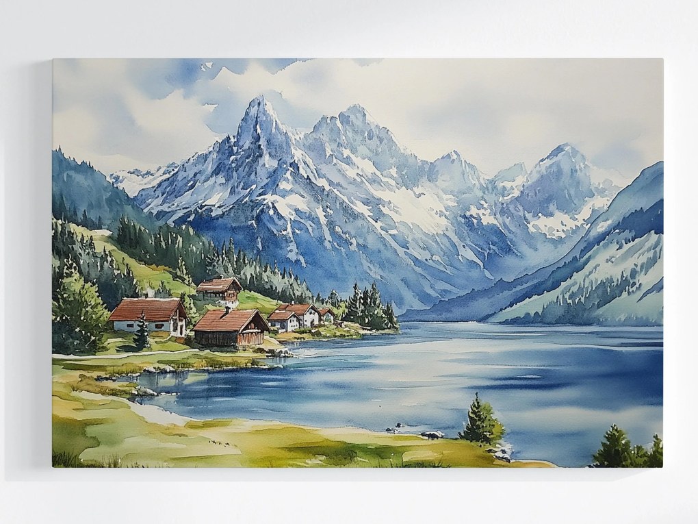 Vászonkép Canvas Tájkép Hegyek Csúcsok Alpok Tó Házak Falu 60x40