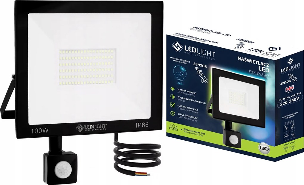 Halogén Led 100W Fényvető Pir mozgásérzékelővel Slim IP66 Munka Hideg