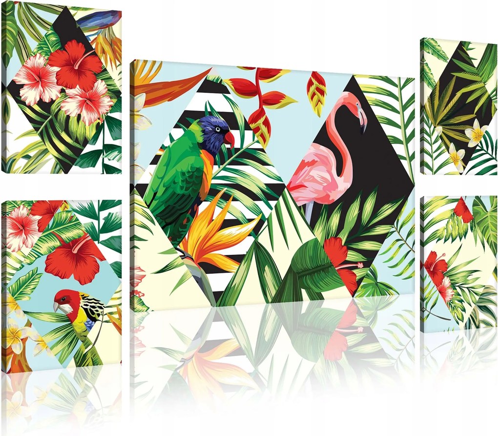 Vászonkép 116x66 Trópusok egzotikus papagájok flamingók virágok levelek természet nyár paradicsom