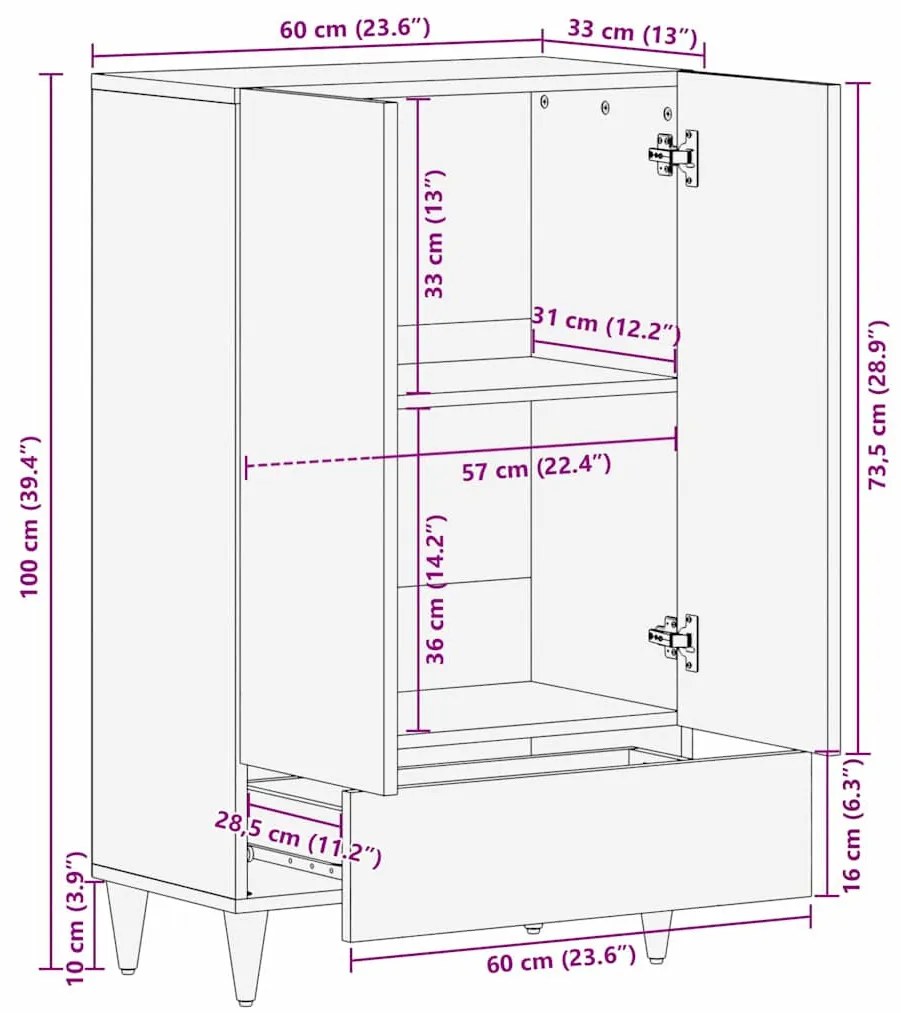 Magasfiú fiókkal polcokkal Fehér 60 x 33 x 100 cm tömör mangófa