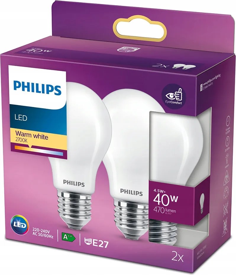 Led izzók Philips E27 4,5W A++ 2 db