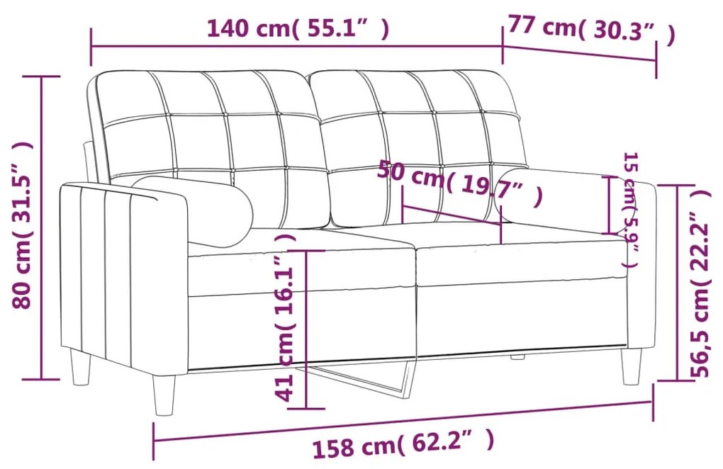 2 személyes fekete szövet kanapé díszpárnákkal 140 cm