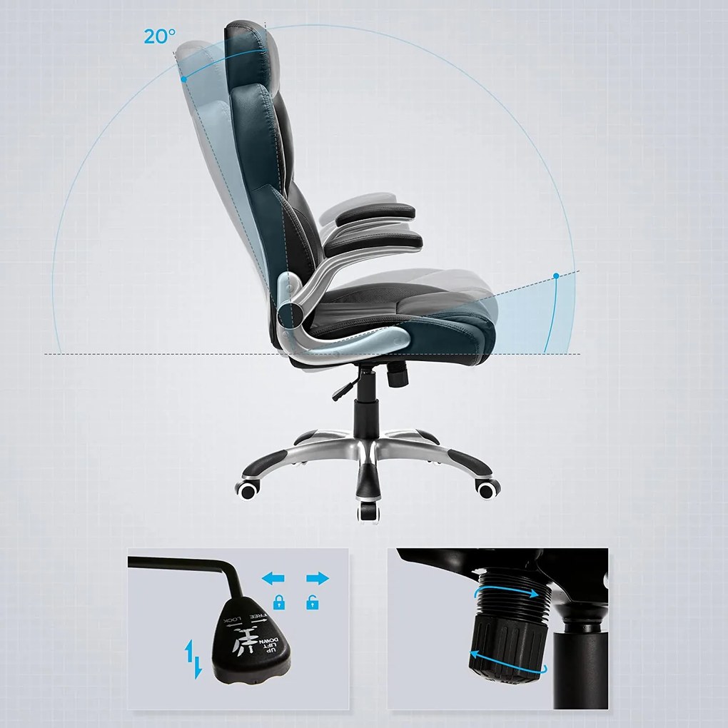 Ergonomikus irodai forgószék felhajtható karfákkal és állítható fejtámlával, fekete PU műbőr, 150 kg