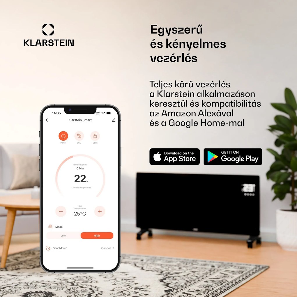 Klarstein Bornholm Smart, konvektor, 2000 W, WiFi, LCD kijelző, időzítő, IP24, fekete