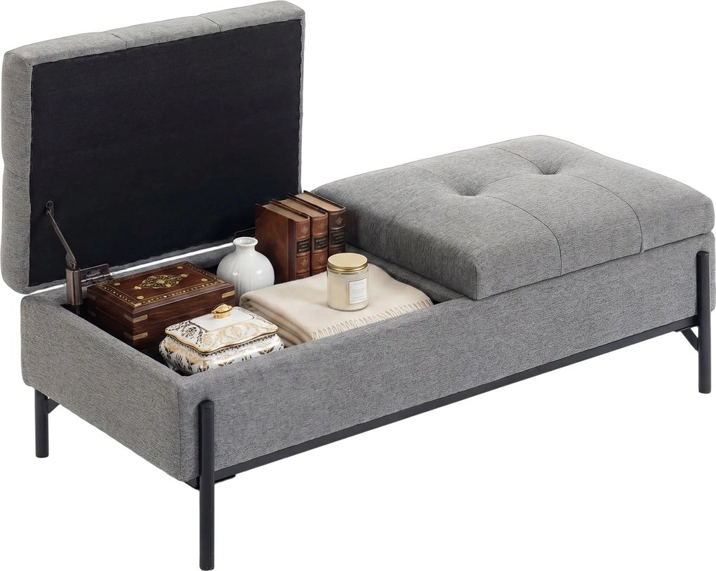 HOMCOM tárolós pad, lenvászon hatású otomán, 2 rekesz, zsanéros fedél, extra vastag párna, gombvarrott ülés — 117×50×44 cm, szürke | Aosom