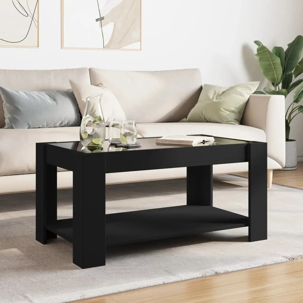 Fekete szerelt fa dohányzóasztal LED-del 93 x 53 x 45 cm