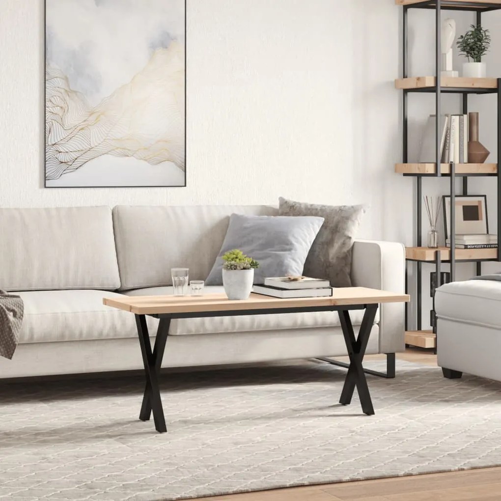 Tömör fenyőfa és acél X-vázú dohányzóasztal 110x40x45,5 cm