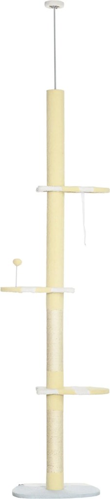 PawHut Padlótól a Mennyezetig Elérő Macskafája 220-260 cm Magassággal, Macska Kaparóoszlop Szizálos Oszlopokkal, Játék Gömbökkel, Szizál Posztokkal, P