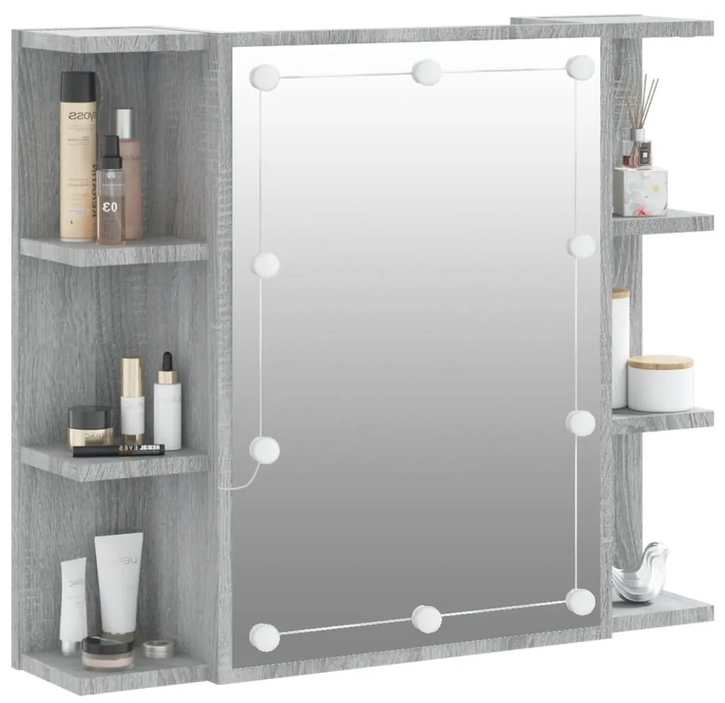 szürke sonoma tölgy színű tükrös szekrény LED-del 70x16,5x60 cm