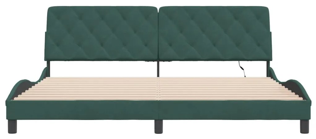 sötétzöld bársony ágykeret LED-világítással 200 x 200 cm