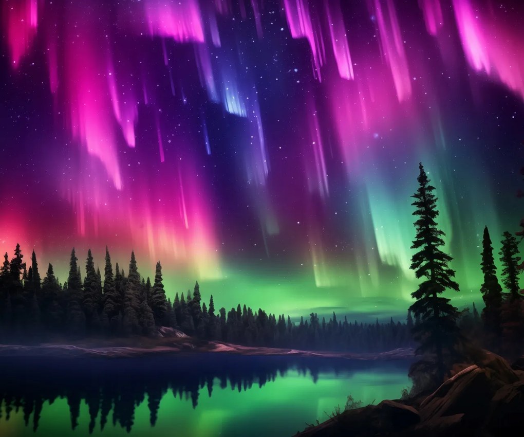 Poszter 60x50cm Északi fény az erdő felett