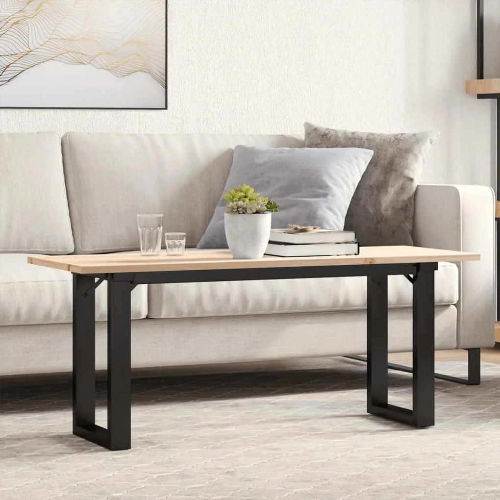 Tömör fenyőfa és acél dohányzóasztal O-vázzal 110x40x45 cm