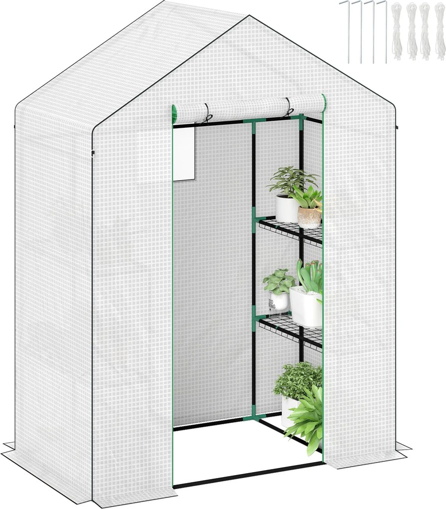 Outsunny Üvegház Görgős Ajtóval, Ablakkal és Polcokkal, Télálló Acélvázas Üvegház Erkélyre, Kertbe, Paradicsom Ház 143 x 74 x 190 cm, Fehér | Aosom