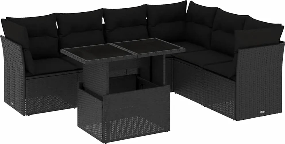 vidaXL 7 részes fekete polyrattan kerti ülőgarnitúra párnával