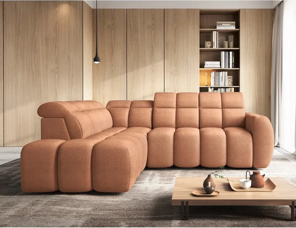 Lazacszínű buklé kinyitható-tárolóhelyes sarokkanapé (bal oldali-L alakú) Falconn – ELTAP