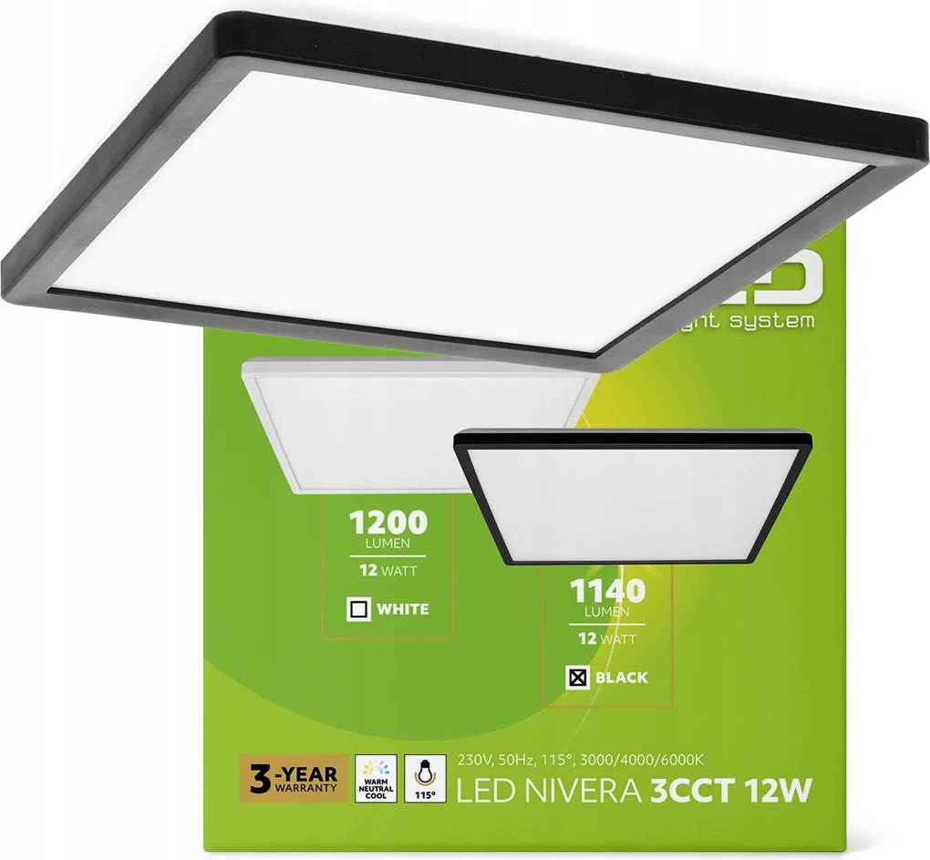 Mennyezeti lámpa Led plafon 12W IP54 3 fényszín Cct 1140lm fekete