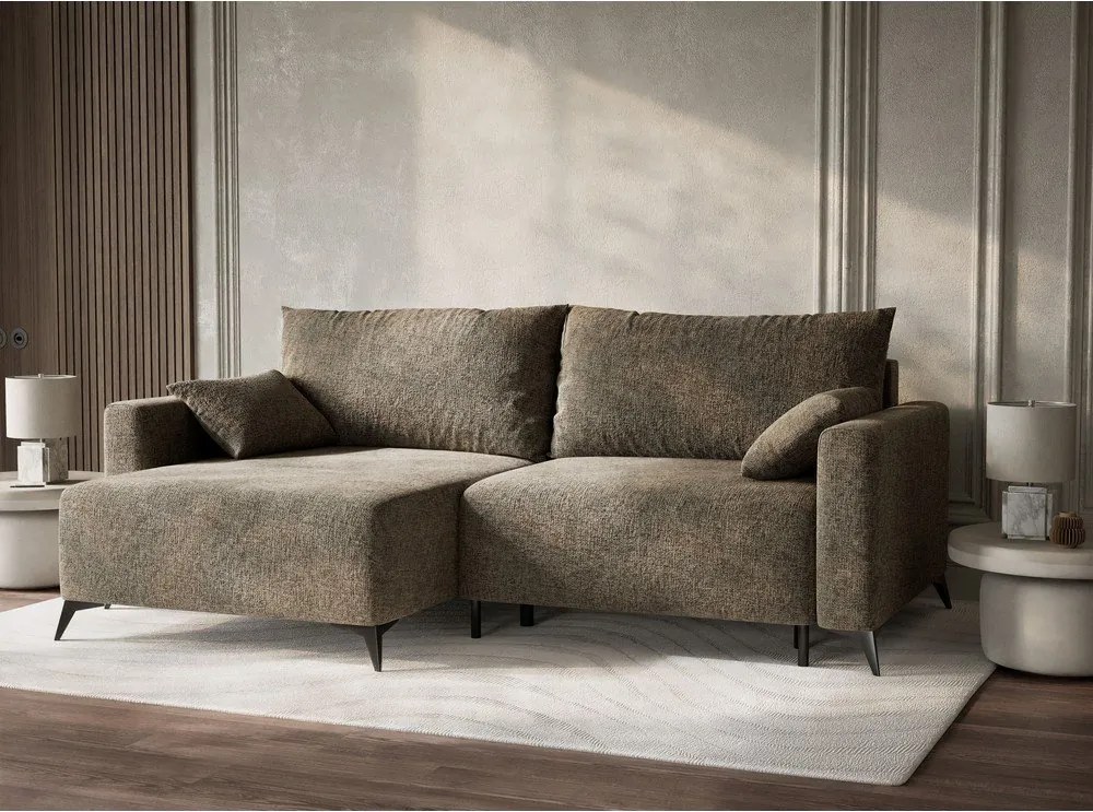 Barna zsenília kinyitható-tárolóhelyes sarokkanapé (bal oldali-heverő résszel) Leon – Maison de Rêve