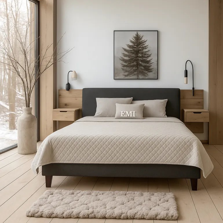 ZEFIRA kárpitozott ágy + rácsos rács + matrac EMI