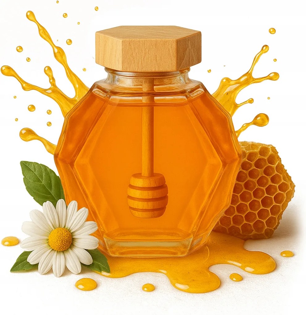 Üveg Tároló Mézes Maja 200 ml Hexagon fa dugó ajándék