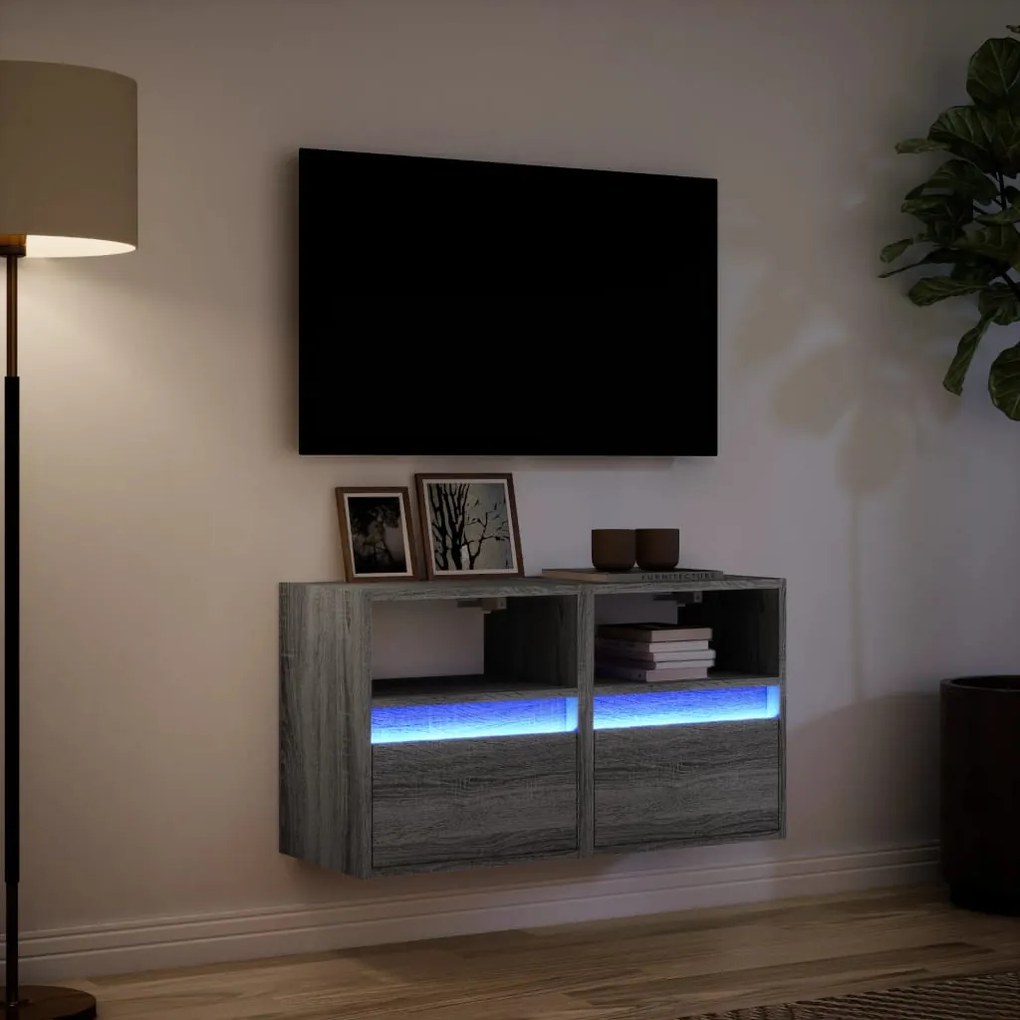 2 db szürke sonoma fali TV-szekrény LED-ekkel 41 x 31 x 45 cm