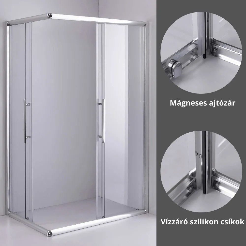 Stuxi Nizza 120x80 cm aszimmetrikus két tolóajtós zuhanykabin 6 mm vízlepergető biztonsági üveggel, króm elemekkel, 190 cm magas, zuhanytálcával és szifonnal