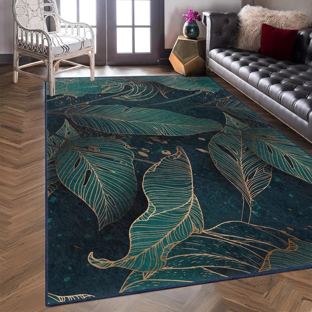 Petróleum színű mosható futószőnyeg 80x200 cm Midnight Jungle – Mila Home