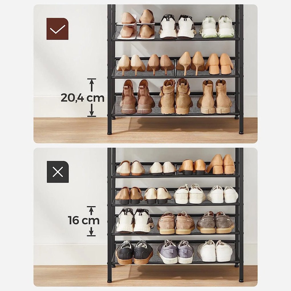 5 szintes cipőtartó 20–25 pár cipőhöz, 4 állítható hálós polccal, 75 x 28 x 93 cm, rusztikus barna és fekete