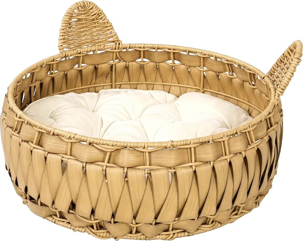 PawHut Rattan macskafekhely, macskabarlang levehető párnával, macskakosár 10 kg-ig, világosbarna