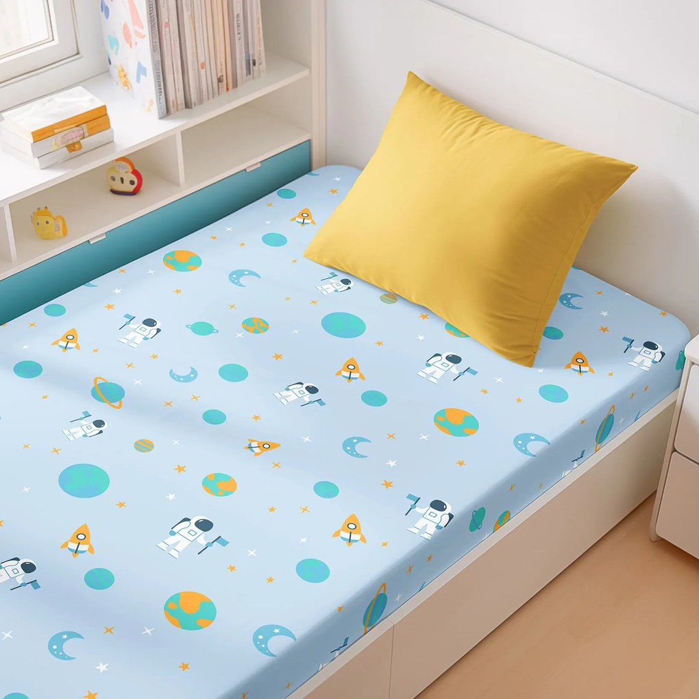 Goldea gyermek pamut gumis lepedő - űrhajósok az űrben 90 x 200 cm