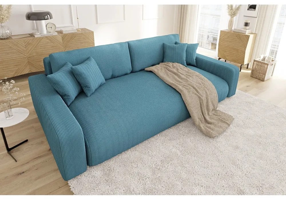 Türkiz kordbársony kinyitható tárolóhelyes kanapé 234 cm Sara – Ropez