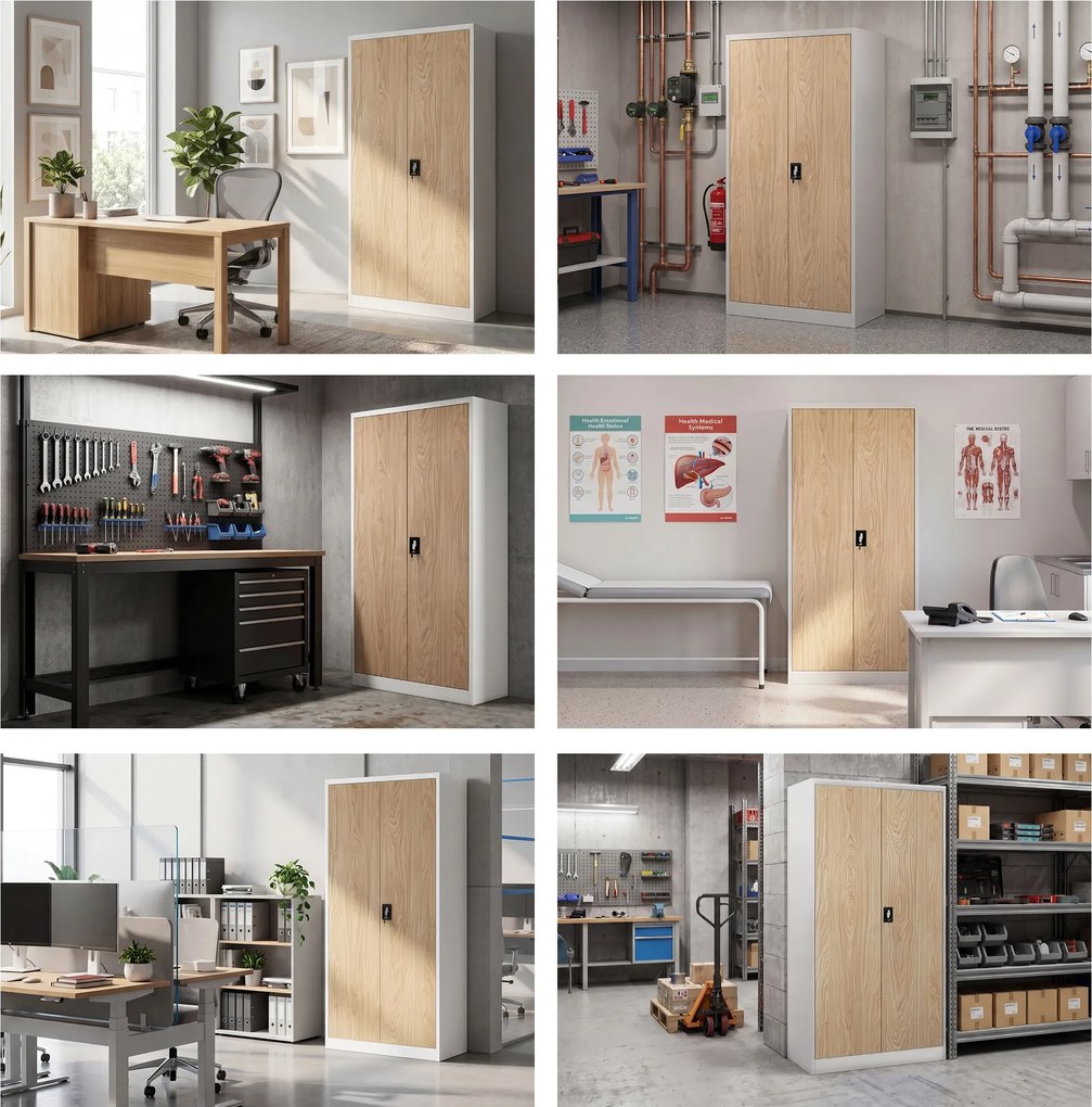 Fém szekrény tárolórekesszel, fehér/sonoma tölgy, 900x1850x450 mm: TOMASZ Eco Design