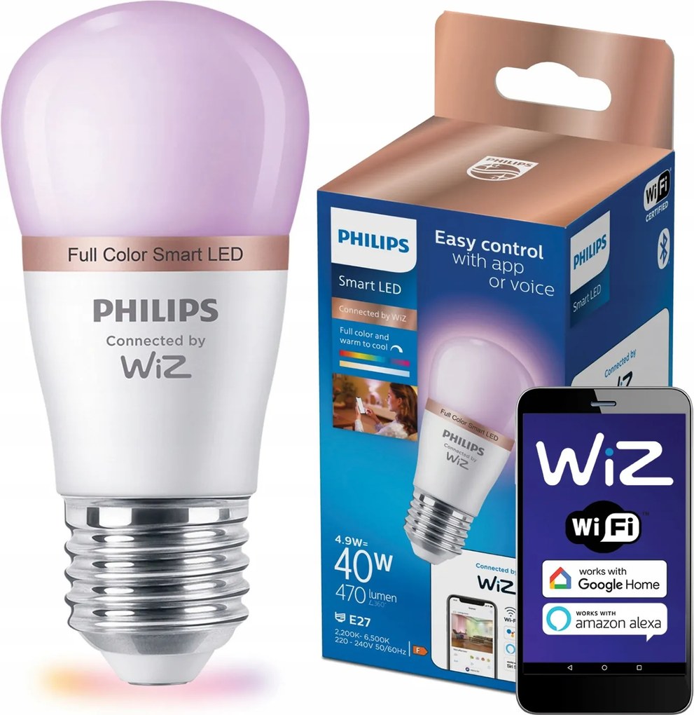 Led izzó E27 P45 4,9W 40W 2200-6500K Rgb Smart WiFi Philips WiZ