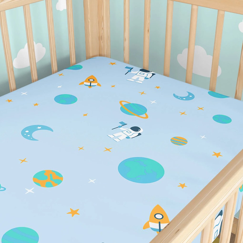 Goldea gyermek gumis pamut lepedő kiságyba - űrhajósok az űrben 60 x 120 cm