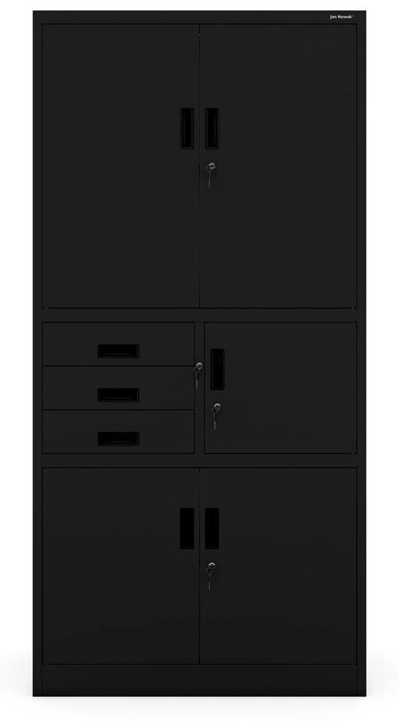 Fém iratszekrény széffel és fiókokkal FILIP II, 900 x 1850 x 400 mm, fekete