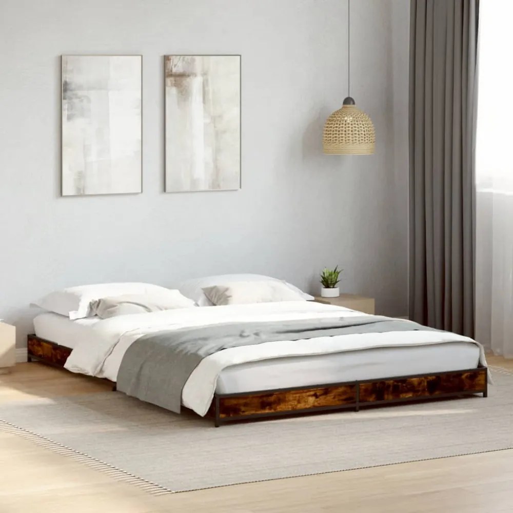 füstös tölgyszínű szerelt fa és fém ágykeret 120 x 200 cm