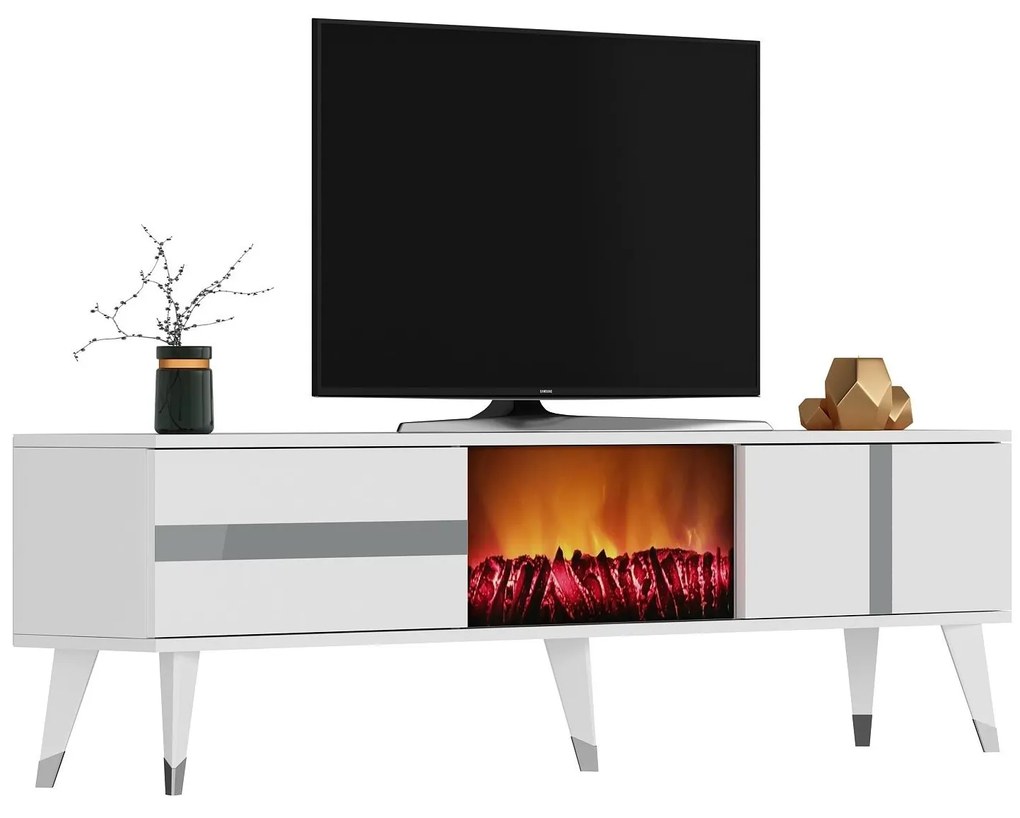 TV asztal/szekrény kandallóval Vekika 3 (fehér + ezüst) . 1095530