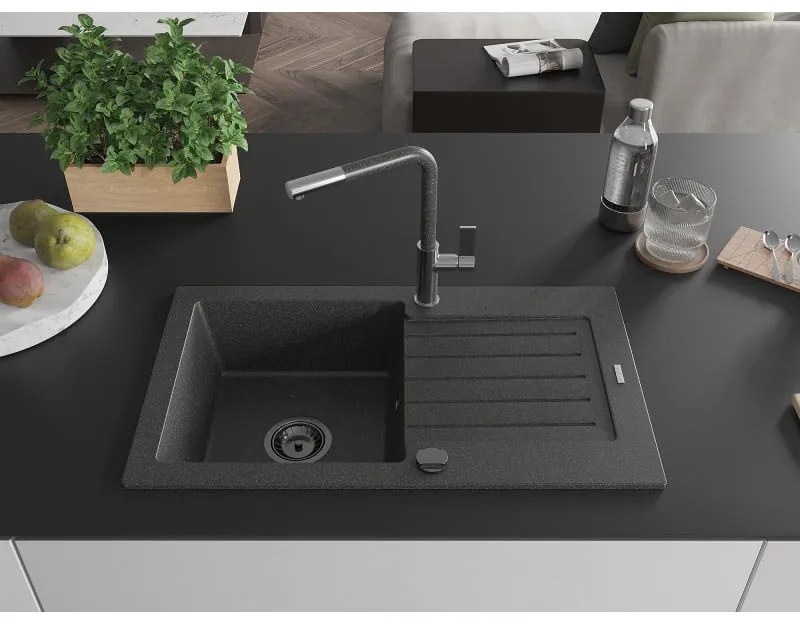 Mexen Pablo, 1 kamrás gránit mosogató 752x436x161 mm és Flora mosogató csaptelep, fekete foltos, 6510-76-670401-08-B