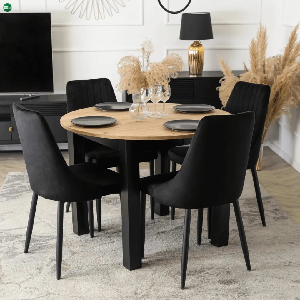 szett étkezőasztal HARRY 102-142 cm artisan tölgy/fekete és 4 szék BARI fekete